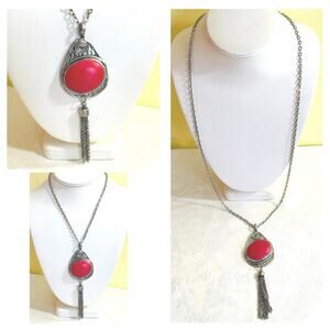 Necklace Pendant Vtg Red Faux Coral Tassel Boho Teardrop Chain Silver Tone